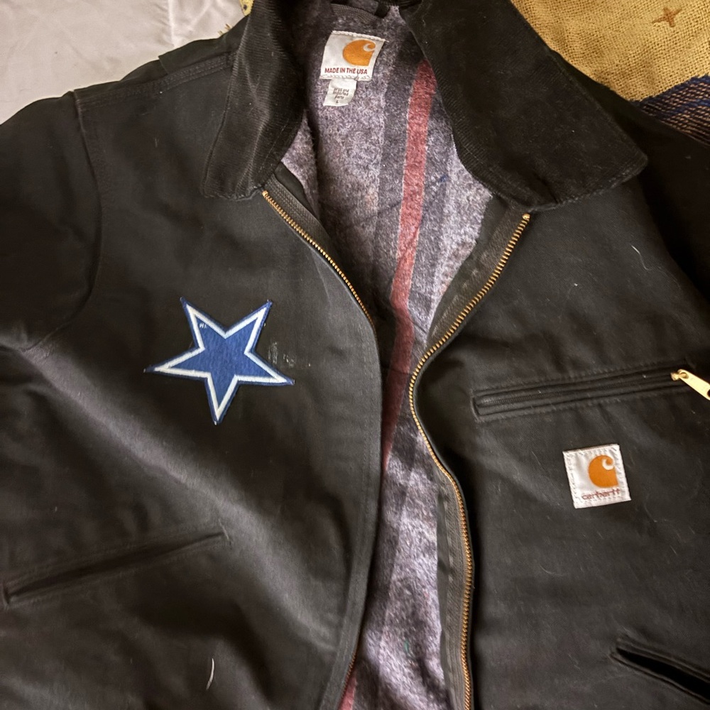 Carhartt Black and Gray Jacket with custom cowboys upside down patches